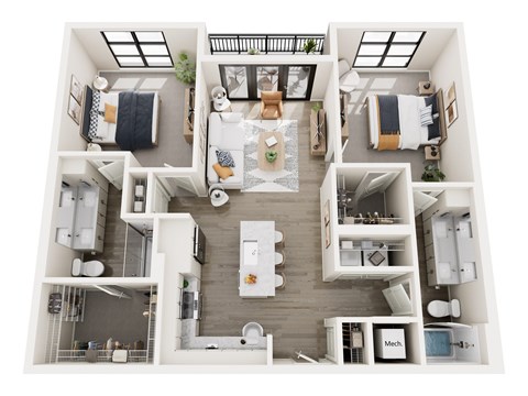 A top-down view of a small apartment with a kitchen, living room, and bathroom.